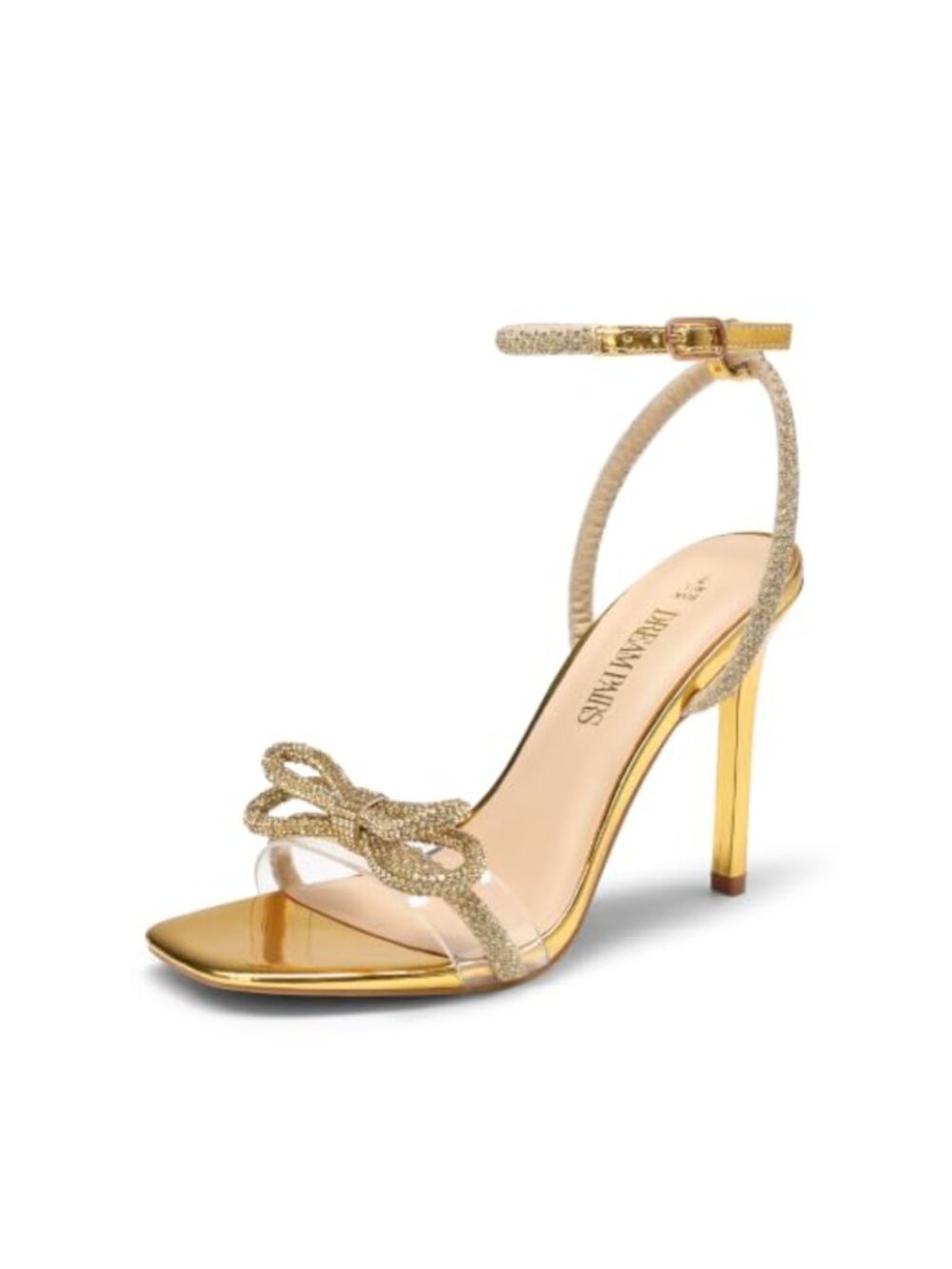 Double Bowknots Crystal Sandals Slingback Stiletto Heels Square Toe